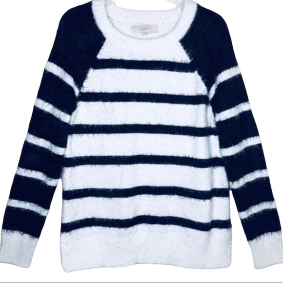 LOFT Striped Eyelash Fuzzy Sweater, Black & White | Sz XS - Picture 3 of 6